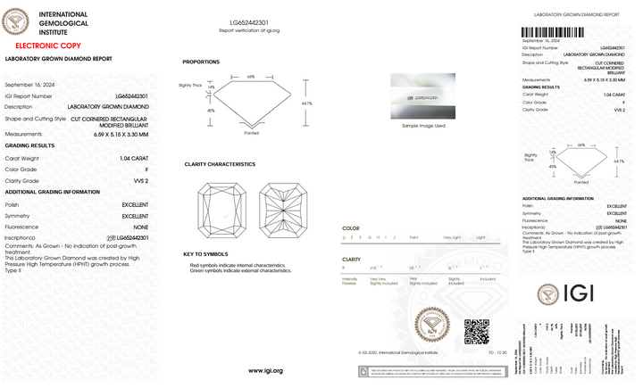 1.04 CT F kleur VVS2 Radiant Cut Lab Gegroeide diamant - IGI -gecertificeerd
