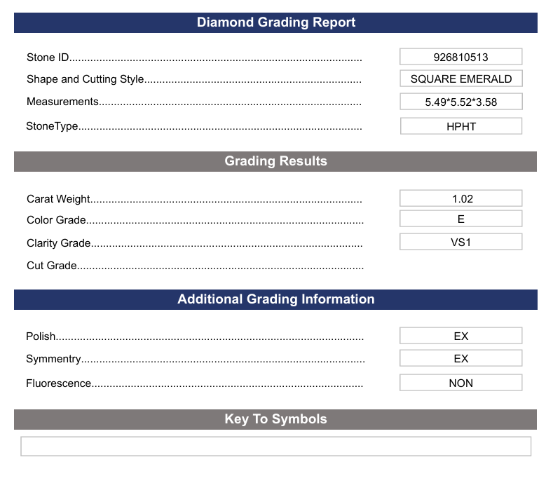 1,02 CT E cor vs1 quadrado emeralda Cut Lab cultivado Diamond - Variação Certificada
