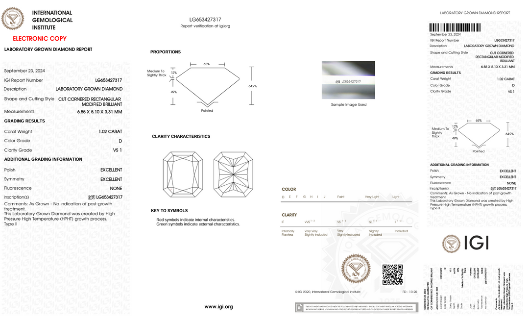 1,02 CT D COLOR VS1 RADIANT CUT LAB-LAB-LABING Diamond - IGI certifié