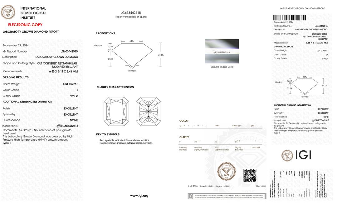 1.04 CT D kleur VVS2 Radiant Cut Lab Gegroeide diamant - IGI -gecertificeerd