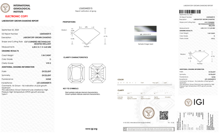 1.04 CT D kleur VVS2 Radiant Cut Lab Gegroeide diamant - IGI -gecertificeerd