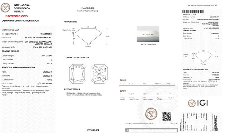 1.04 CT E Color VVS2 Radiant Cut Lab Gegroeide diamant - IGI -gecertificeerd