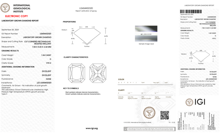 1.04 CT D kleur VVS2 Radiant Cut Lab Gegroeide diamant - IGI -gecertificeerd