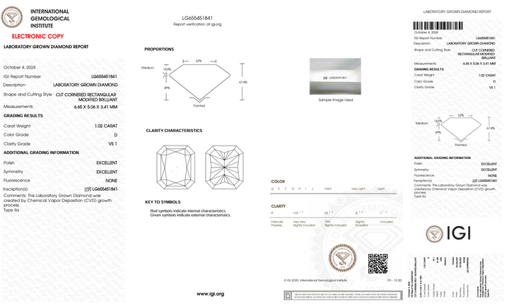 1,02 CT D Color VS1 Radiant Cut Lab -вирощений Diamond - IGI сертифікований