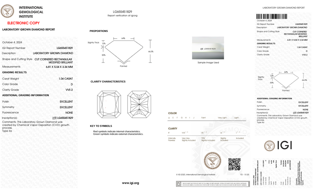 1.04 CT D kleur VVS2 Radiant Cut Lab Gegroeide diamant - IGI -gecertificeerd