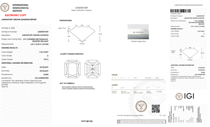 1.04 CT D kleur VVS2 Radiant Cut Lab Gegroeide diamant - IGI -gecertificeerd