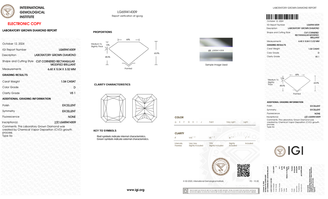 1,04 CT D kleur VS1 Radiant Cut Lab Gegroeide diamant - IGI -gecertificeerd