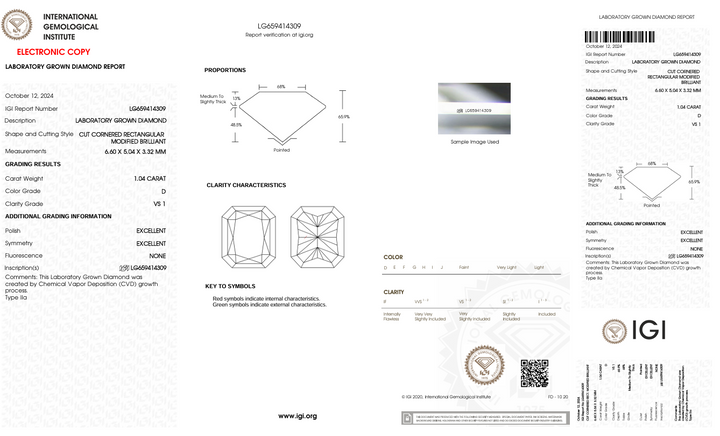 1,04 CT D kleur VS1 Radiant Cut Lab Gegroeide diamant - IGI -gecertificeerd