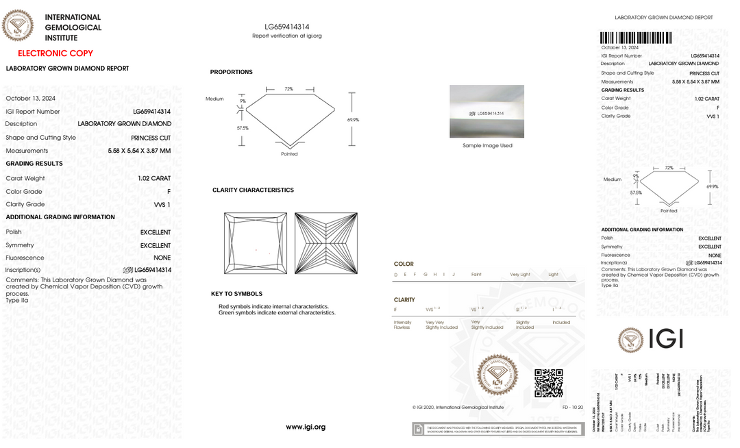 1.02 CT F COLOR VVS1 PRINCESS CUT LAB-LAB-LAB LABON - IGI CERTIFIÉ