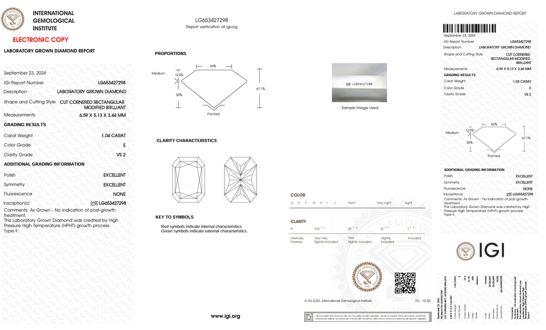 1.04 CT E Color vs2 Radiant Cut Lab Gegroeide diamant - IGI -gecertificeerd