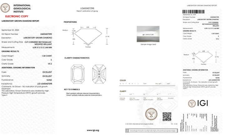 1.04 CT E Color vs2 Radiant Cut Lab Gegroeide diamant - IGI -gecertificeerd