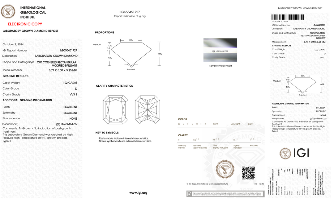 1.02 CT D COLOR VVS1 RADIANT CUT LAB-LAB-LABING DIAMOND - IGI CERTIFIÉ