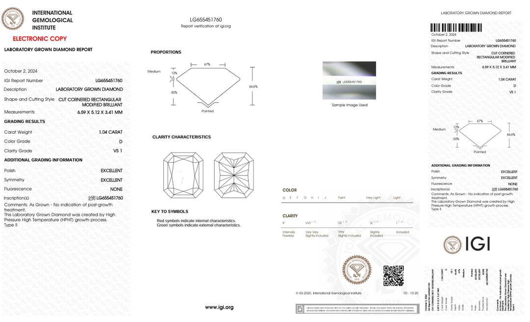 1,04 CT D kleur VS1 Radiant Cut Lab Gegroeide diamant - IGI -gecertificeerd