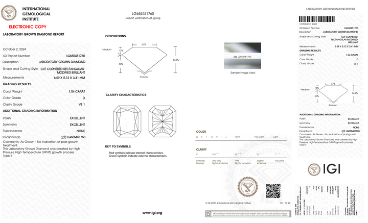 1,04 CT D kleur VS1 Radiant Cut Lab Gegroeide diamant - IGI -gecertificeerd