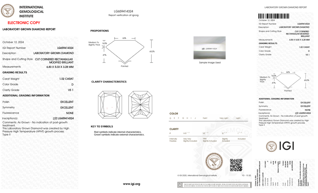1,02 CT D COLOR VS1 RADIANT CUT LAB-LAB-LABING Diamond - IGI certifié