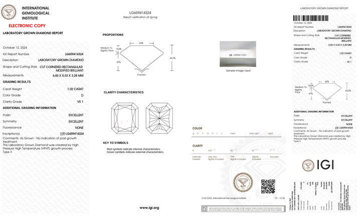 1,02 CT D COLOR VS1 RADIANT CUT LAB-LAB-LABING Diamond - IGI certifié