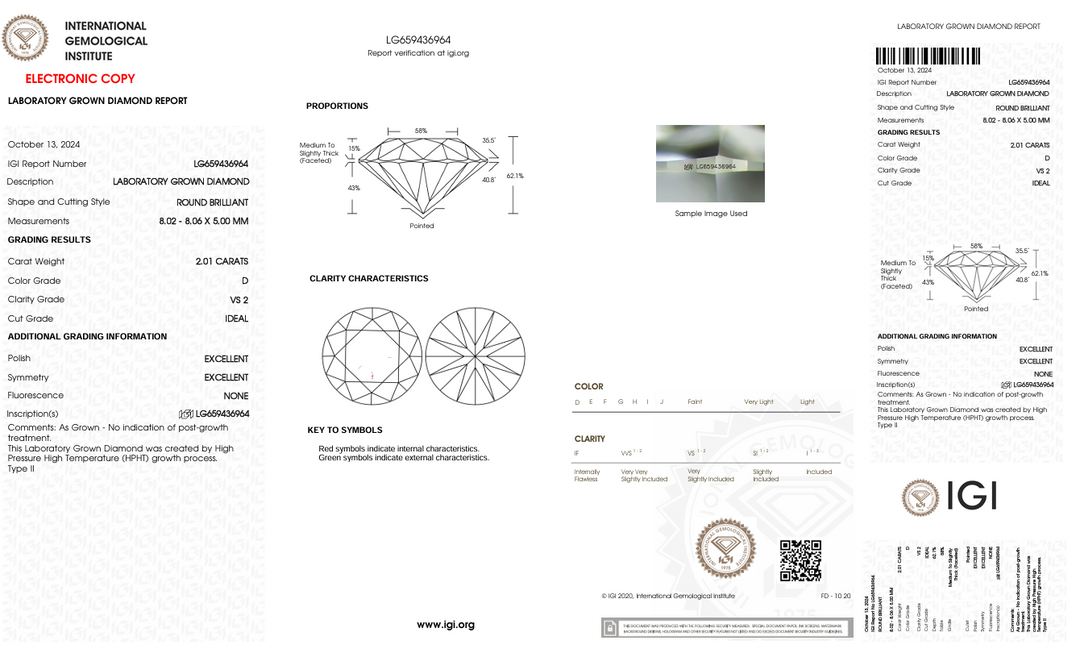 2.01 Carat Round Lab Grown Diamond, VS2/D