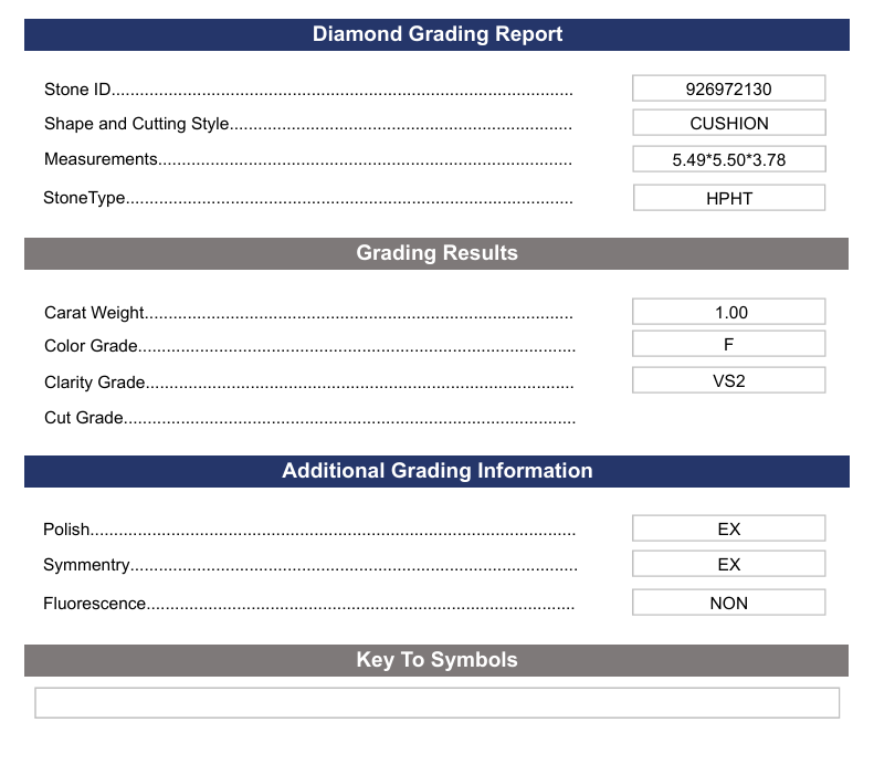 1.0 Carat Cushion Lab Grown Diamond, VS2/F