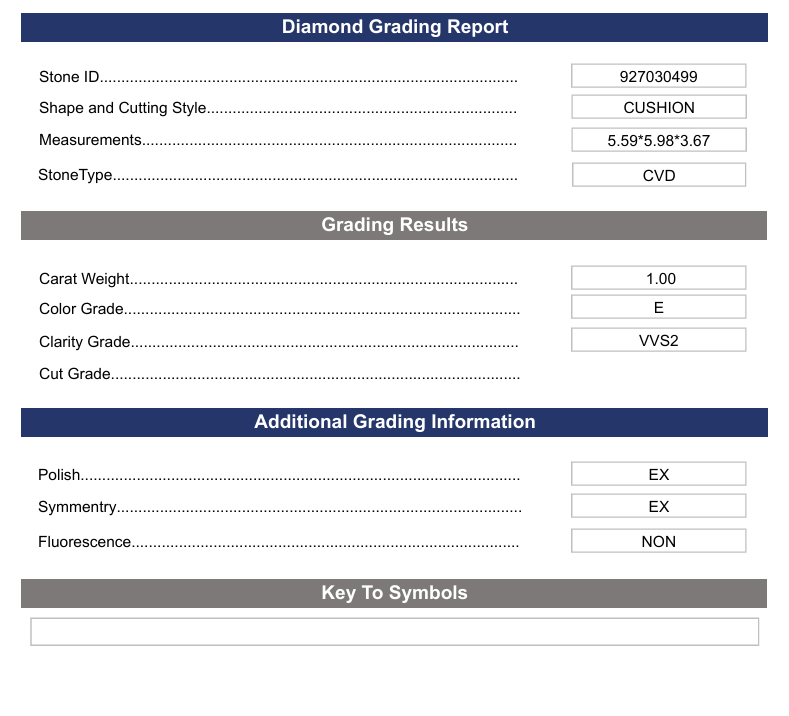 1.0 Carat Cushion Lab Grown Diamond, VVS2/E