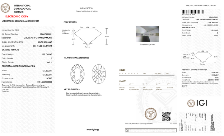 1.02 Carat Oval Lab Grown Diamond, VVS2/E