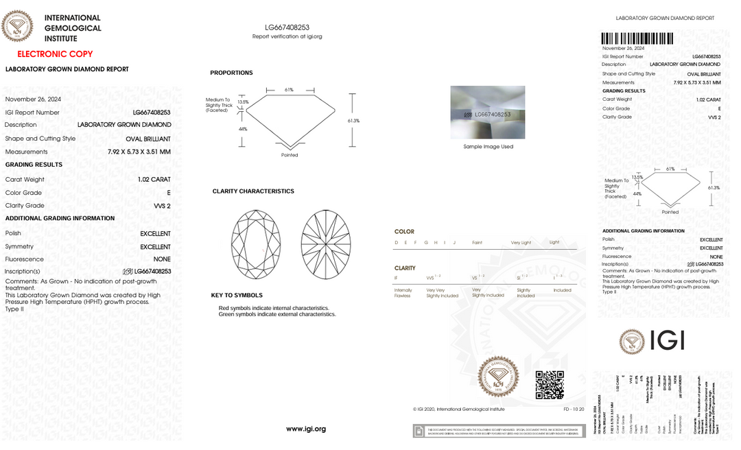 1.02 Carat Oval Lab Grown Diamond, VVS2/E