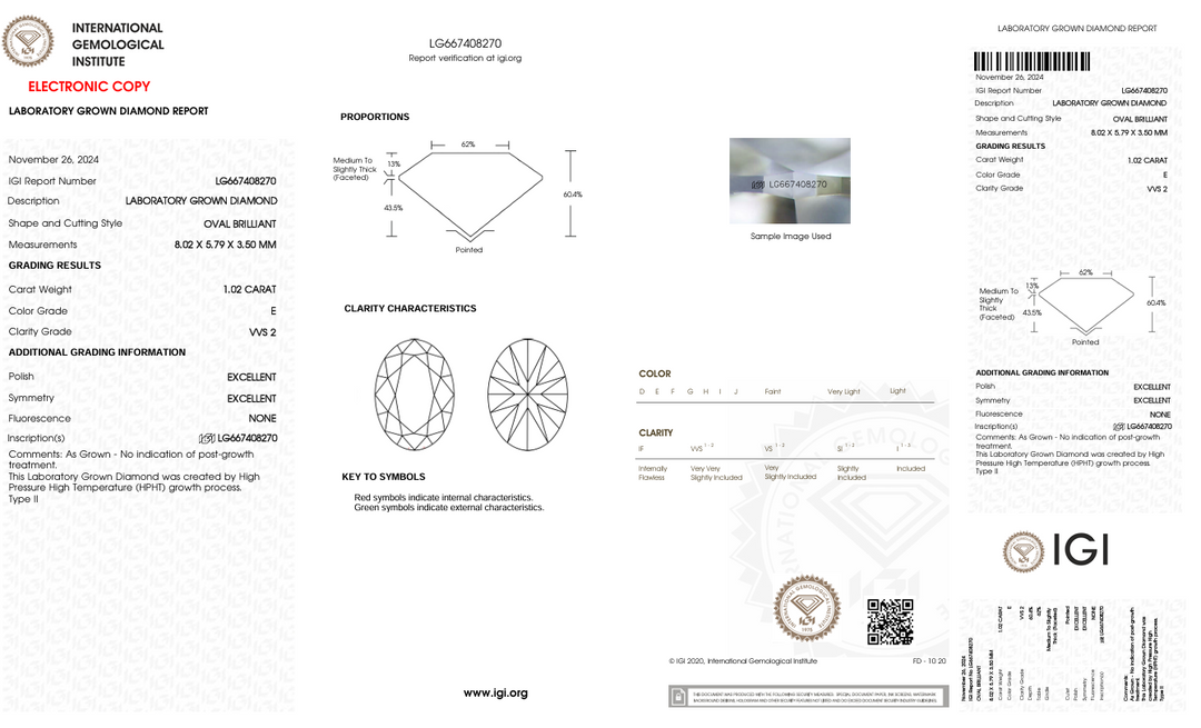 1.02 Carat Oval Lab Grown Diamond, VVS2/E