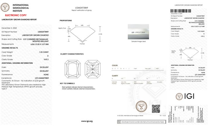 1.03 CT D Warna VVS2 RADIANT CUT LAB DIAMOND - CERTIFIKASI IGI