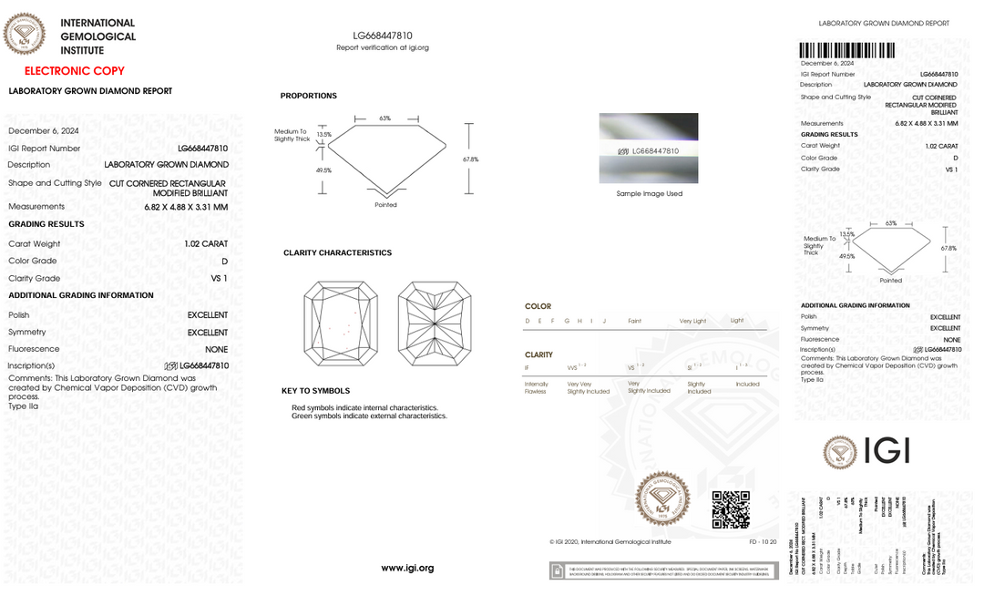 1,02 CT D COLOR VS1 RADIANT CUT LAB-LAB-LABING Diamond - IGI certifié