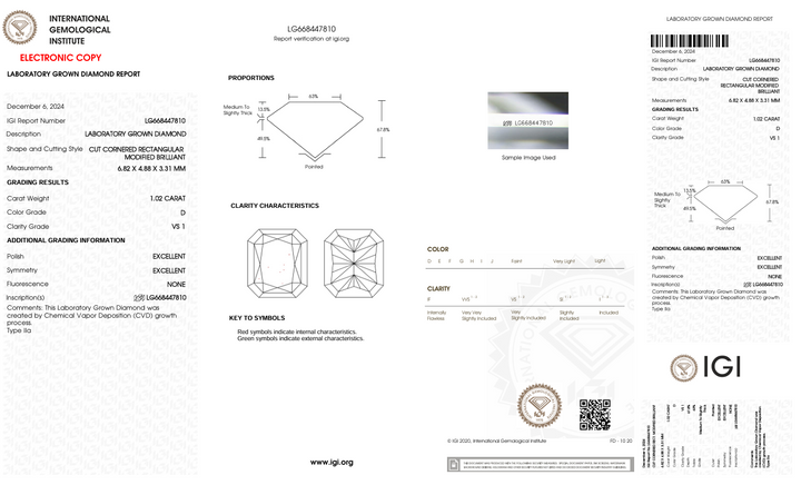 1,02 CT D COLOR VS1 RADIANT CUT LAB-LAB-LABING Diamond - IGI certifié
