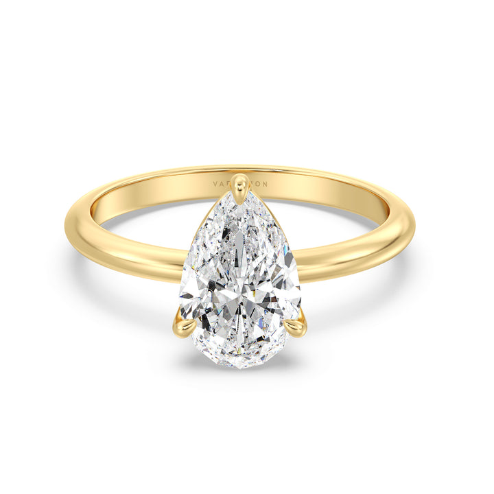 1 carat pear-shaped lab diamond solitaire engagement ring set in a claw prong setting.
