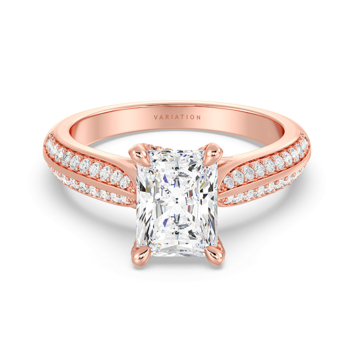 Radiant Cut Lab-Grown Diamond Engagement Ring with Pavé Band in 18K Rose Gold, showcasing a 4-claw setting and 72 round side diamonds.