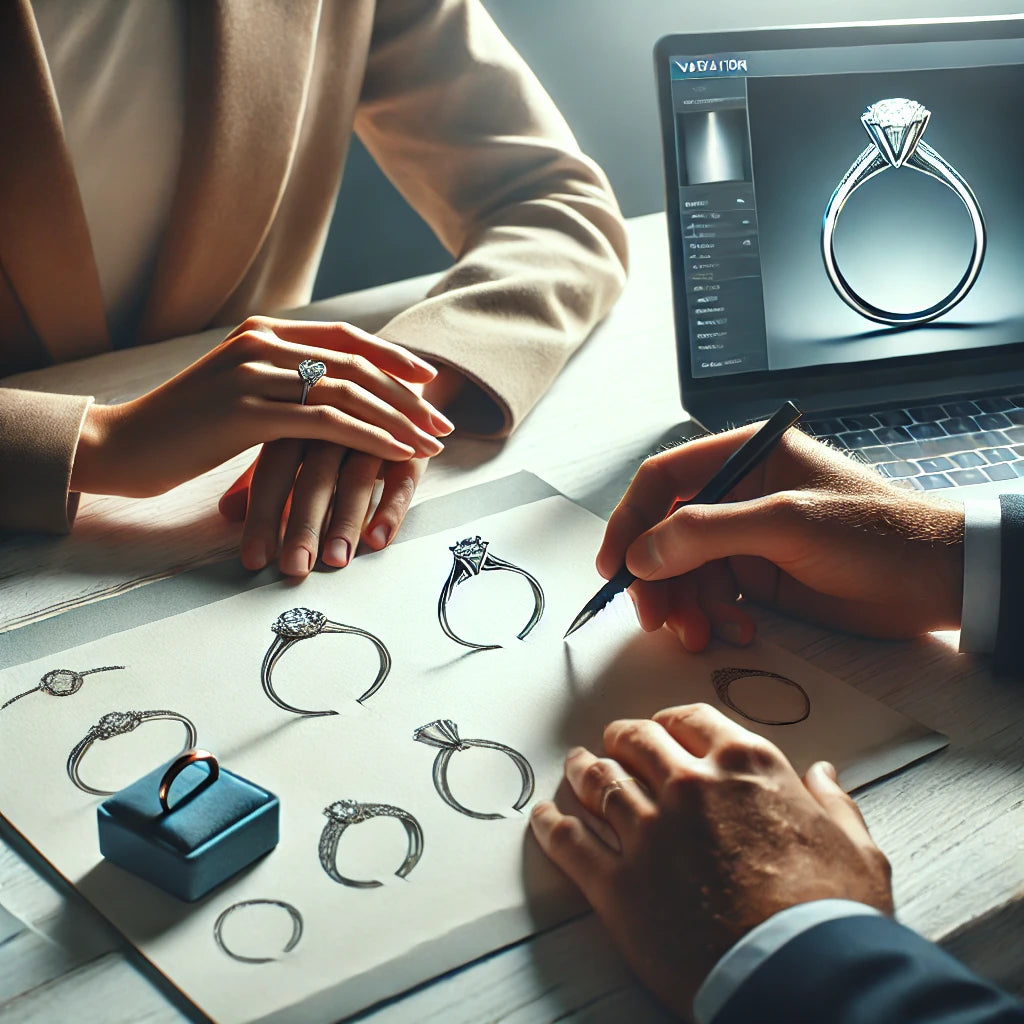 Custom jewelry design process: Share your idea through a sketch, image, or description. Submit your concept via our Custom Jewelry Form, detailing style preferences, gemstones, and budget, for expert review and collaboration."