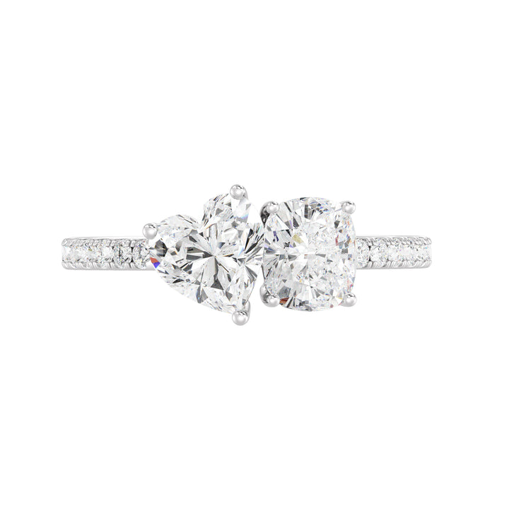Sophisticated Heart & Cushion Two-Stone Lab-Grown Diamond 'Toi et Moi' Ring in 18K White Gold. Designed with a 1.00ct heart-cut and a 1.00ct cushion-cut EF/VS lab-grown diamond, complemented by 16 round-cut diamonds (0.24ct) on a sleek white gold band