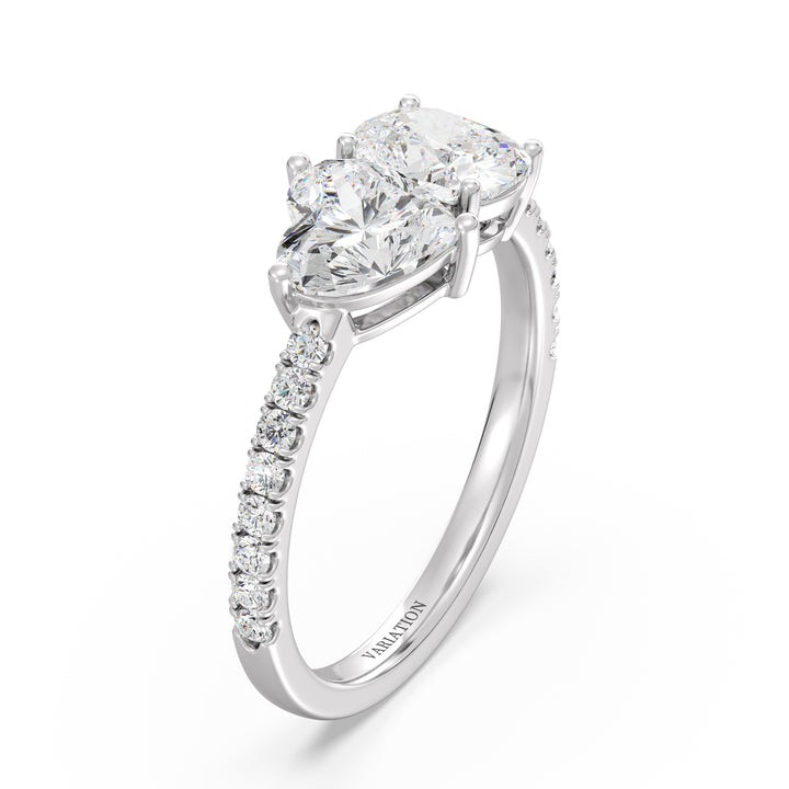 Sophisticated Heart & Cushion Two-Stone Lab-Grown Diamond 'Toi et Moi' Ring in 18K White Gold. Designed with a 1.00ct heart-cut and a 1.00ct cushion-cut EF/VS lab-grown diamond, complemented by 16 round-cut diamonds (0.24ct) on a sleek white gold band