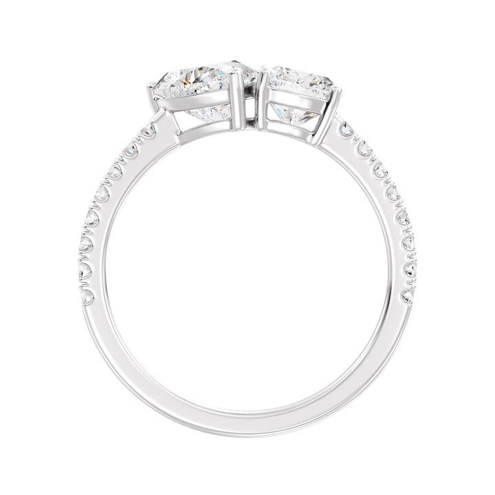 Sophisticated Heart & Cushion Two-Stone Lab-Grown Diamond 'Toi et Moi' Ring in 18K White Gold. Designed with a 1.00ct heart-cut and a 1.00ct cushion-cut EF/VS lab-grown diamond, complemented by 16 round-cut diamonds (0.24ct) on a sleek white gold band
