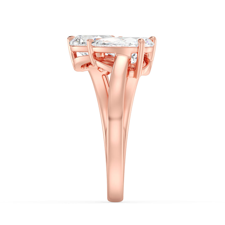 Three-Stone Toi et Moi Lab-Grown Diamond Ring in 18K Rose Gold, showcasing a 1.00ct Heart, 1.00ct Pear, and 1.00ct Emerald-cut EF/VS clarity diamonds in a classic prong setting. The romantic rose gold band beautifully contrasts with the diamonds, offering a modern yet vintage-inspired aesthetic