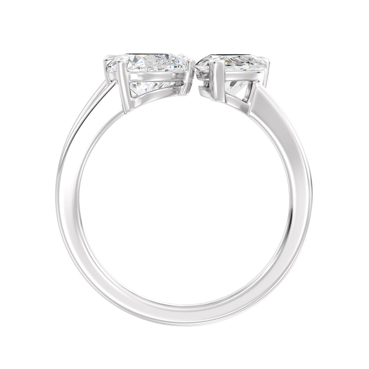 Three-Stone Toi et Moi Lab-Grown Diamond Ring in 18K White Gold, featuring a 1.00ct Heart, 1.00ct Pear, and 1.00ct Emerald-cut EF/VS clarity diamonds in a classic prong setting. The sleek white gold band enhances the diamonds' brilliance, delivering a sophisticated and contemporary appeal.