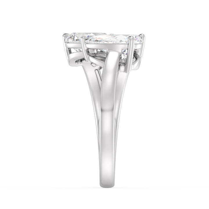 Three-Stone Toi et Moi Lab-Grown Diamond Ring in 18K White Gold, featuring a 1.00ct Heart, 1.00ct Pear, and 1.00ct Emerald-cut EF/VS clarity diamonds in a classic prong setting. The sleek white gold band enhances the diamonds' brilliance, delivering a sophisticated and contemporary appeal.