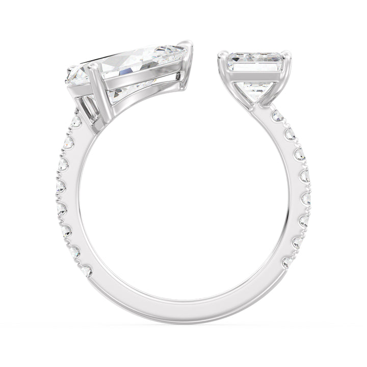 Timeless Two-Stone Toi et Moi Lab-Grown Diamond Ring in 18K White Gold, featuring a 2.00ct EF/VS Pear-Cut and a 2.00ct EF/VS Emerald-Cut diamond in a four-prong setting. The sleek white gold band is accented with 16 round brilliant lab-grown diamonds totaling 0.34ct, offering a sophisticated and radiant appeal