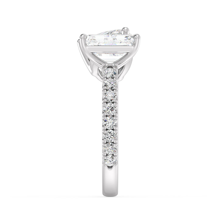Timeless Two-Stone Toi et Moi Lab-Grown Diamond Ring in 18K White Gold, featuring a 2.00ct EF/VS Pear-Cut and a 2.00ct EF/VS Emerald-Cut diamond in a four-prong setting. The sleek white gold band is accented with 16 round brilliant lab-grown diamonds totaling 0.34ct, offering a sophisticated and radiant appeal