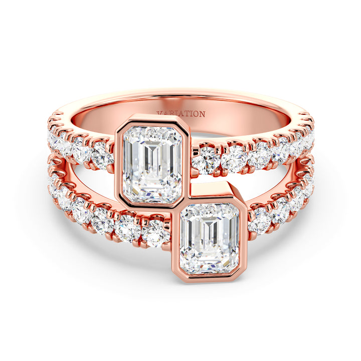 Toi et Moi Emerald-Cut Lab-Grown Diamond Ring in 18K Rose Gold with twin bezel-set emerald-cut diamonds and a pavé diamond split shank for a romantic, modern look