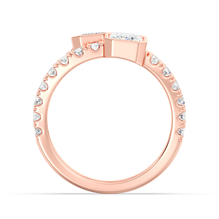 Toi et Moi Emerald-Cut Lab-Grown Diamond Ring in 18K Rose Gold with twin bezel-set emerald-cut diamonds and a pavé diamond split shank for a romantic, modern look