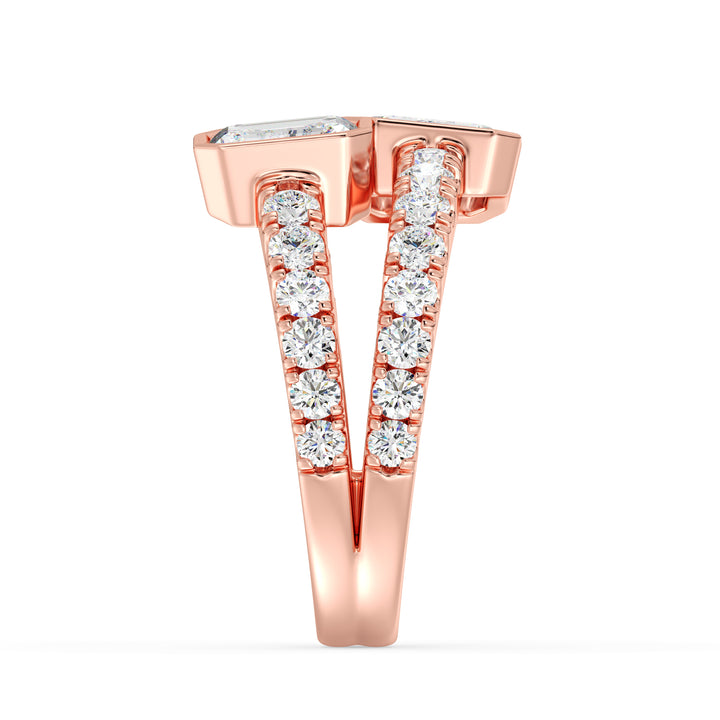 Toi et Moi Emerald-Cut Lab-Grown Diamond Ring in 18K Rose Gold with twin bezel-set emerald-cut diamonds and a pavé diamond split shank for a romantic, modern look