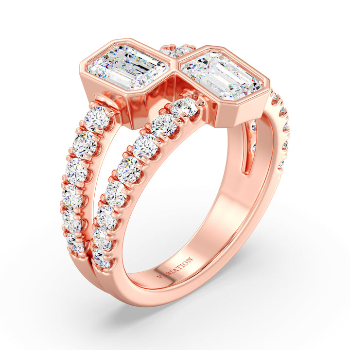 Toi et Moi Emerald-Cut Lab-Grown Diamond Ring in 18K Rose Gold with twin bezel-set emerald-cut diamonds and a pavé diamond split shank for a romantic, modern look