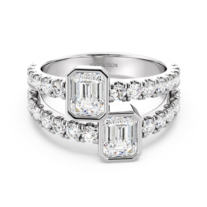 Toi et Moi Emerald-Cut Lab-Grown Diamond Ring in 18K White Gold showcasing dual bezel-set emerald-cut diamonds and a pavé-set split shank for a sleek, elegant finish.