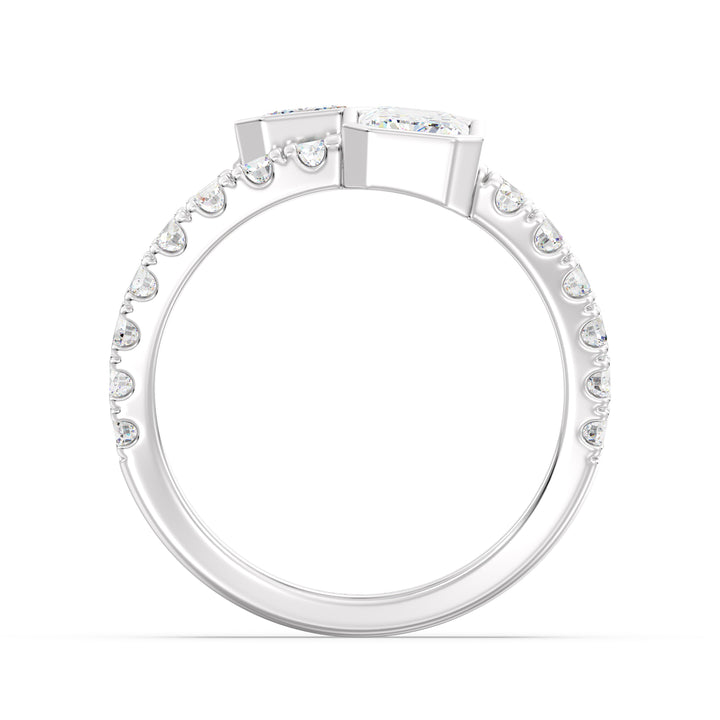 Toi et Moi Emerald-Cut Lab-Grown Diamond Ring in 18K White Gold showcasing dual bezel-set emerald-cut diamonds and a pavé-set split shank for a sleek, elegant finish.