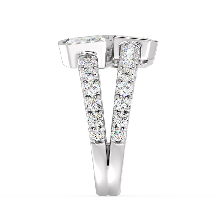 Toi et Moi Emerald-Cut Lab-Grown Diamond Ring in 18K White Gold showcasing dual bezel-set emerald-cut diamonds and a pavé-set split shank for a sleek, elegant finish.