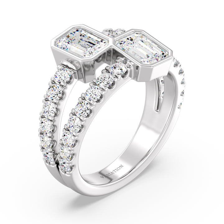 Toi et Moi Emerald-Cut Lab-Grown Diamond Ring in 18K White Gold showcasing dual bezel-set emerald-cut diamonds and a pavé-set split shank for a sleek, elegant finish.