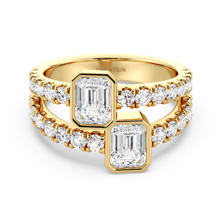 Toi et Moi Emerald-Cut Lab-Grown Diamond Ring in 18K Yellow Gold featuring two bezel-set emerald-cut diamonds and a split shank pavé-set with round diamonds