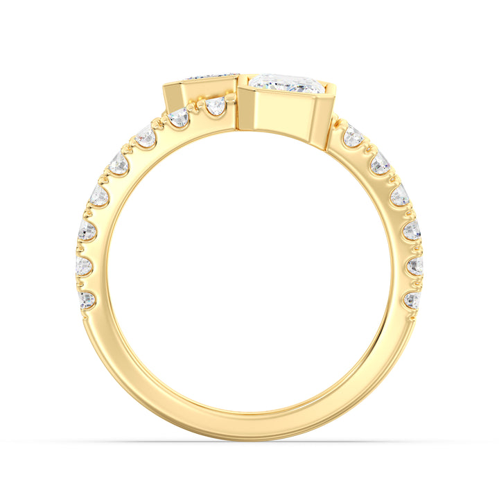 Toi et Moi Emerald-Cut Lab-Grown Diamond Ring in 18K Yellow Gold featuring two bezel-set emerald-cut diamonds and a split shank pavé-set with round diamonds